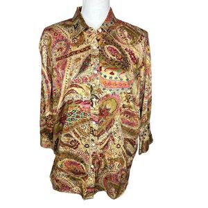 Lauren Ralph Lauren Brown Pink Boho Paisley L/S Pullover V-neck Blouse Size 1X